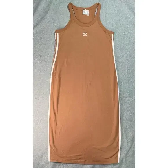 Adidas Womens Dress 1X Brown Tank Racerback Side Stripes Logo Athleisure Stylish - Picture 1 of 6